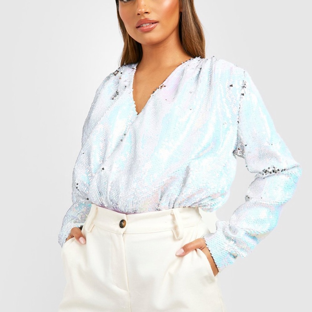 WRAP RUCHED SHOULDER SEQUIN BODYSUIT